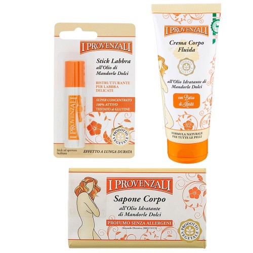 Set Di Cosmetici Naturali I Provenzali Per La Cura Stick Labbra Vellutate Naturale + Crema Corpo Fluida + Sapone Corpo 
